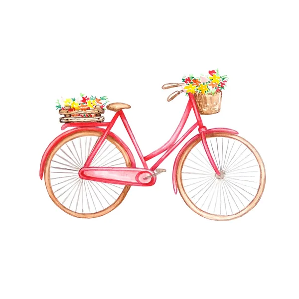 Retro Rotes Fahrrad Holzkiste Mit Blumen Flechtwerk Korb Mit Blumen — Stockfoto