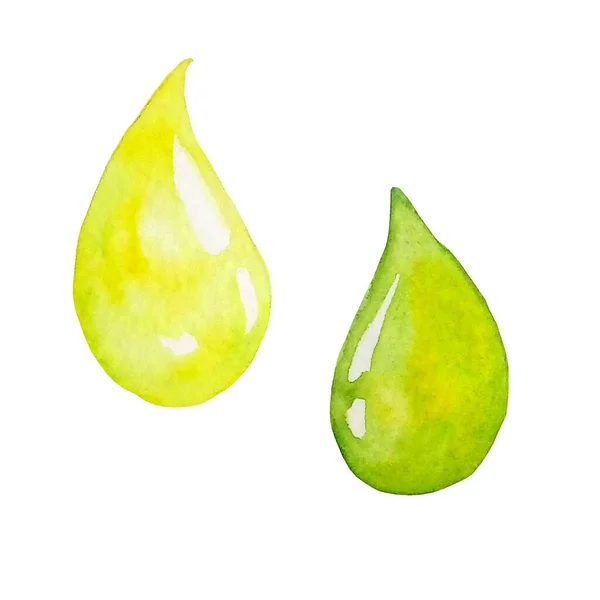 Ručně Kreslené Akvarel Ilustrace Dvou Kapek Olivového Oleje Žluté Zelené — Stock fotografie