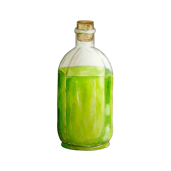 白色背景隔离玻璃瓶中橄榄油手绘水彩画 — 图库照片