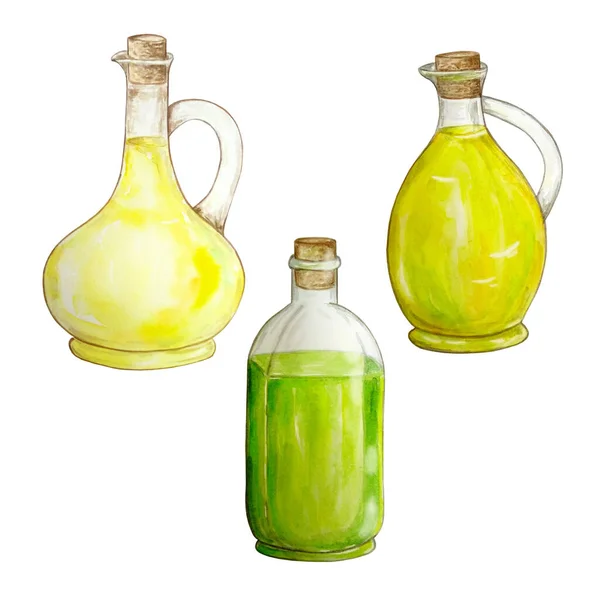 手工绘制的玻璃瓶中橄榄油的水彩画 在白色背景上隔离的三瓶酒画 — 图库照片