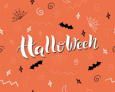 Cadılar Bayramı turuncu, kusursuz desen. Cadılar bayramı, yarasalar, örümcek ağı, ay, yıldız vektör harfleriyle sonsuz arkaplan.