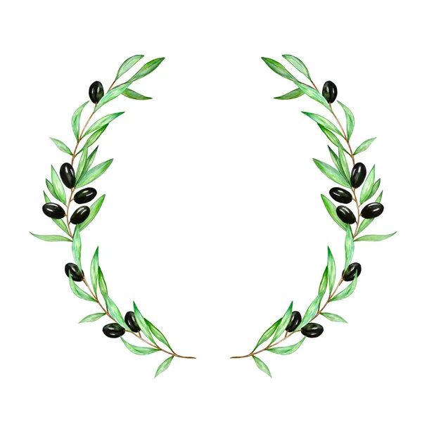 Watercolor wreath from a branch of an olive tree with leaves and olives. Black and green olives on a variety of branches. Hand painted illustration isolated on white background for design, print, fabric or background.