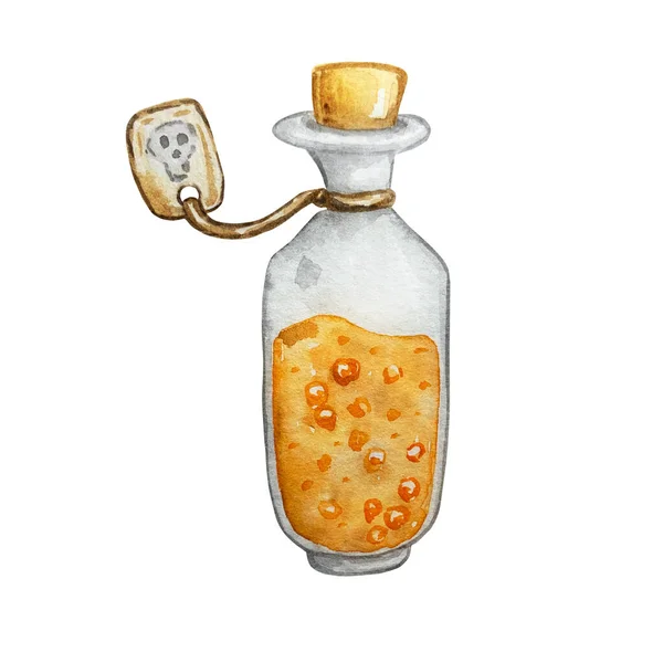 带有橙色液体和气泡的水彩瓶 在白色背景上孤立的手工绘制的魔术图解 万圣节故事元素 — 图库照片