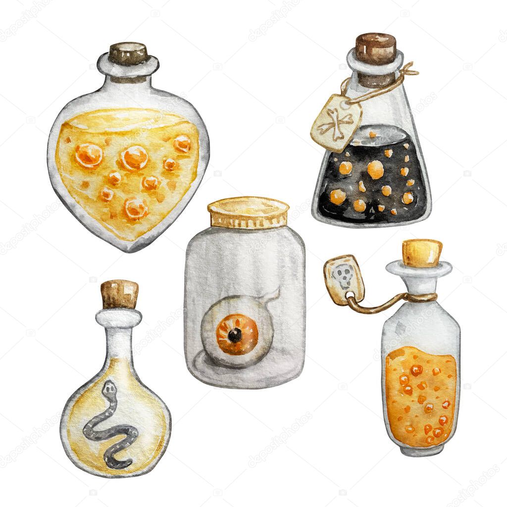 Watercolor set of vintage bottles with liquid and a bottle with an eye. Hand drawn magic illustration isolated on white background. Halloween wonder story element