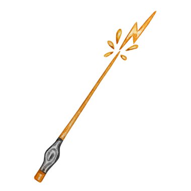 Beyaz arka planda izole edilmiş yıldırımlı suluboya turuncu sihirli değnek. Cadılar Bayramı için izole suluboya çizimi