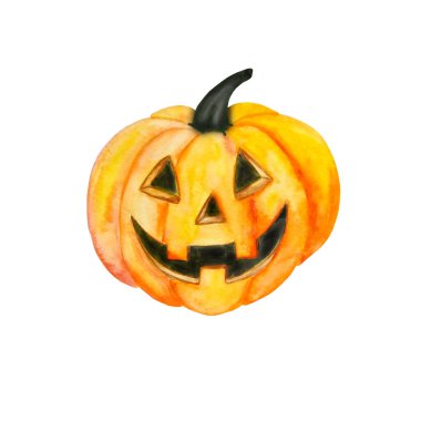 El boyası suluboya balkabağı Cadılar Bayramı. Beyaz arkaplanda suluboya sonbahar çizimi izole edildi. Balkabağı Jack. Cadılar Bayramı karakteri