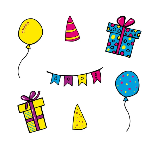 A set of holiday items for decorating birthday, children\'s parties and parties. Balloons, gift boxes, garlands.