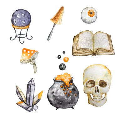 Kafatası, iksir, kitap ve çeşitli bayram sembolleriyle dolu büyük bir Mutlu Cadılar Bayramı koleksiyonu. Beyaz üzerine el çizimi suluboya resim, yaratıcı tasarım için resim grafik elementler, baskılar için dekor.