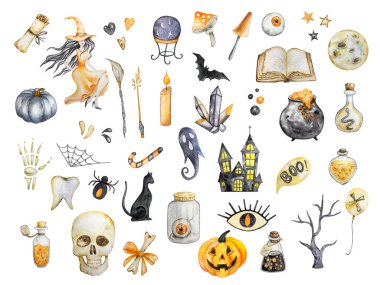 Cadı, ev, kedi ve çeşitli bayram sembolleriyle dolu büyük bir Cadılar Bayramı koleksiyonu. Beyaz üzerine el çizimi suluboya resim, yaratıcı tasarım için resim grafik elementler, baskılar için dekor.