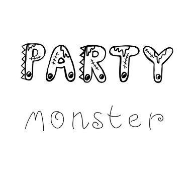 Siyah ve beyaz çizim vektör harfleri Canavar partisi. Cadılar Bayramı tasarımı. Gözleri olan harfler..