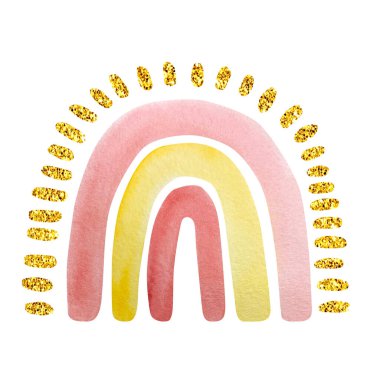 Suluboya el, güzel gökkuşağını altınla boyamış. Resim beyaz bir arkaplanda izole edilmiştir. Logo tasarımı, çocuk tekstili, baskı, çocuk odası dekorasyonu, çocuk odası dekorasyonu.. 