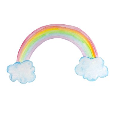 Beyaz arka planda bulutlu renkli gökkuşağı karikatürü. Elle çizilmiş komik gökkuşağı resmi. Çocuk kitabı, dükkan, baskı ve tasarım için mükemmel.