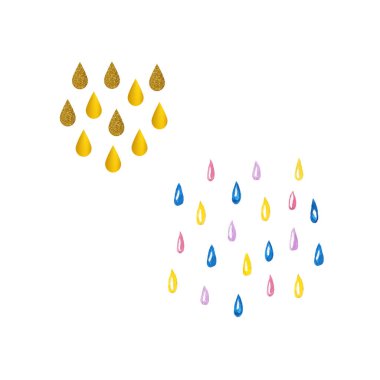 Suluboya resimli el, beyaz arkaplana çok renkli yağmur damlaları ve altın damlalar çizdi. Parlak, yanardöner, renkli damlalar.