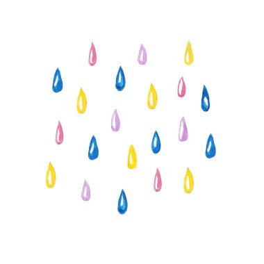 Suluboya resimli el beyaz arkaplana çok renkli yağmur damlaları çizdi. Parlak, yanardöner, renkli damlalar.