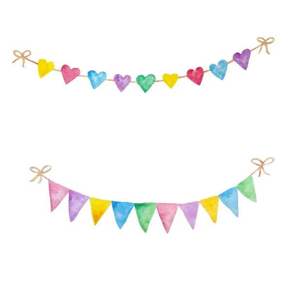 Two bright garlands with cute paper flags in the shape of a heart of different colors. Hand drawn watercolor painting on white, cutout clip-art element for greeting card, invitation, scrapbooking, decoration design.
