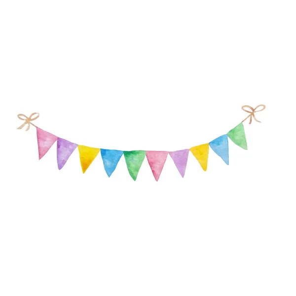 Bright garland with cute paper flags of different colors. Hand drawn watercolor painting on white, cutout clip-art element for greeting card, invitation, scrapbooking, decoration design.
