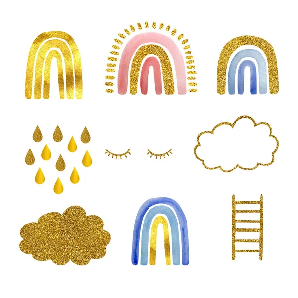 Watercolor Set Hand Painted Cute Rainbows Gold Golden Clouds Eyelashes — Stock Photo, Image