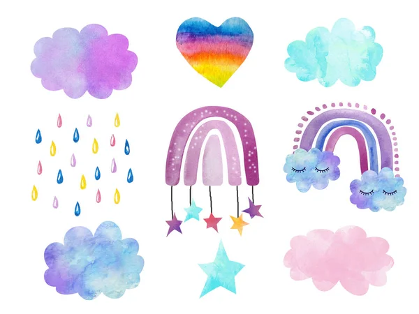 水彩画的手在可爱的彩虹上涂上了云彩和睫毛 云彩的颜色 雨滴和星星各不相同 儿童纺织品 印刷品的开发 — 图库照片