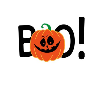 Beyaz arka planda şeytani bir gülümsemesi olan korkunç bir balkabağı. Mutlu Cadılar Bayramı tebrik kartları. Ürkütücü balkabağı oyulmuş yüz, balkabağı feneri. Cadılar Bayramı posteri.