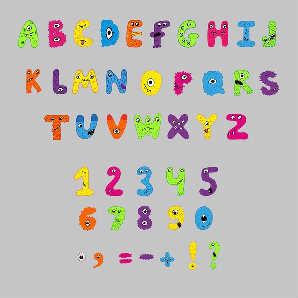 Coloridos Dibujos Animados Alfabeto Inglés Los Niños Números Con Monstruos — Archivo Imágenes Vectoriales