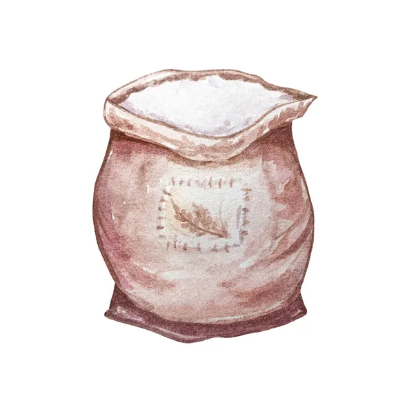 Ręcznie Rysowane Ilustracja Akwarela Biała Mąka Otwartej Torbie Izolowany Białym — Zdjęcie stockowe