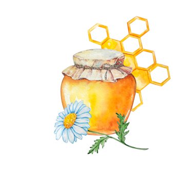 Camdan bir kavanozda bal rengi bal, bal peteği ve chamomil.