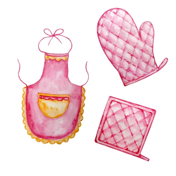 Acquerello Illustrazione Due Presina Cucina Rosa Grembiule Rosa Cuoco — Vettoriale Stock