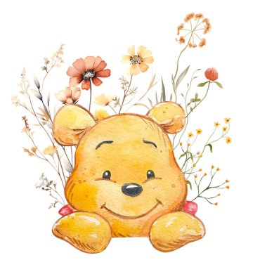 Watercolor Winnie the Pooh with floral bouquets.