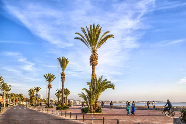 Beach promenade Afrika liman şehrin Agadir hurma ağacı ile Atlas Okyanusu, Fas