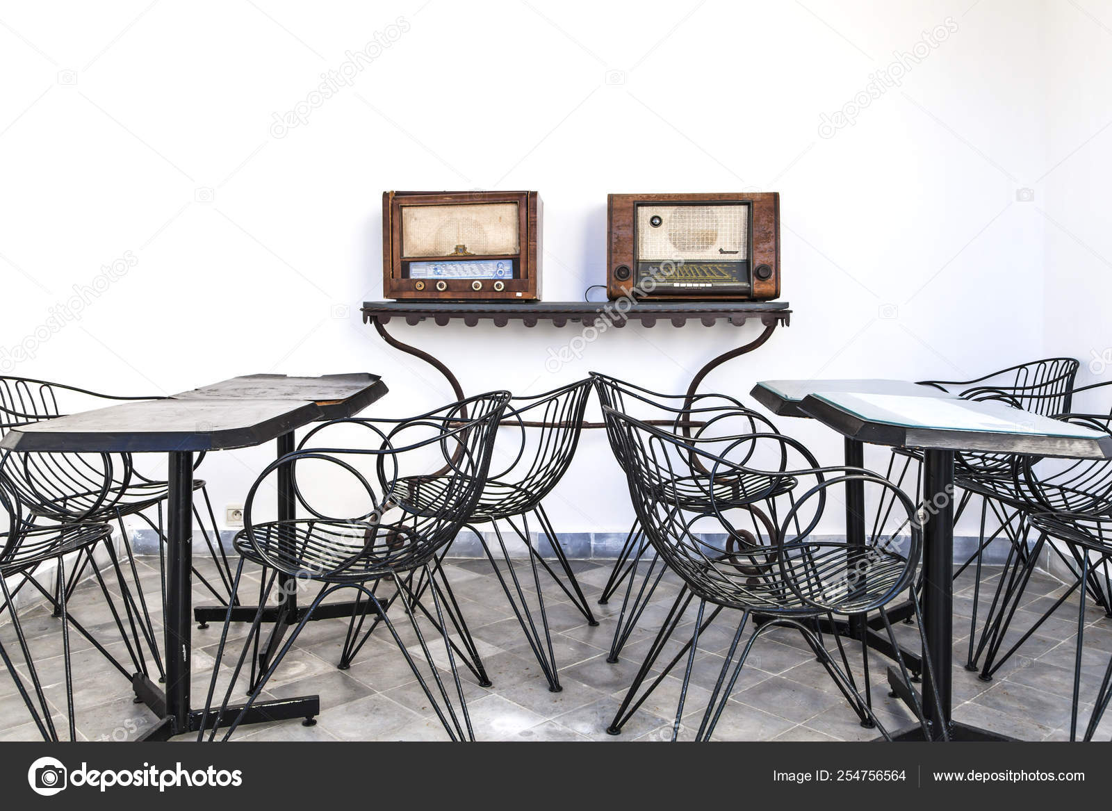 Arrangement Tables Chairs Two Old Radios 1950 Years Stock Photo