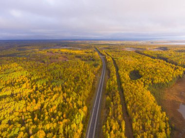 Alaska Yolu 3, nam-ı diğer George Parks Otoyolu ve Alaska hava manzarası sabah güneşiyle birlikte Susitna North, Alaska AK, ABD 'deki Denali Eyalet Parkı' nın güneyinde..