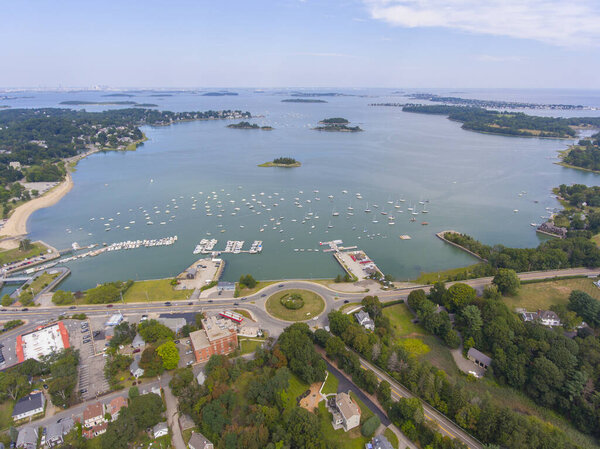 Hingham Harbor aerial view in Hingham near Boston, Massachusetts MA, USA.