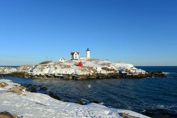 Cape Neddick Lighthouse Nubble Lighthouse Old York Village Invierno Maine — Foto de Stock