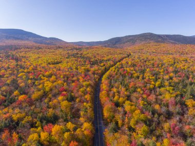 White Mountain Ulusal Ormanı, New Hampshire NH, ABD 'deki Sugar Hill Sahne Vista yakınlarındaki Kancamagus Otoyolu' na yapraklar dökülüyor..