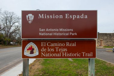 San Francisco de la Espada Misyonu işareti San Antonio, Teksas, ABD. Misyon, San Antonio Misyonları UNESCO Dünya Mirası Alanının bir parçası..