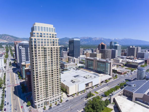 Aerial view of Salt Lake City downtown in Salt Lake City, Utah, USA.