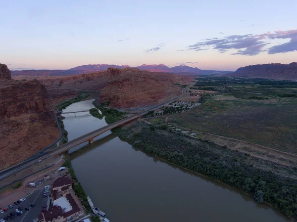 Aerial View Colorado River Sal Mountains Arches National Park Sunset — Stock Photo, Image