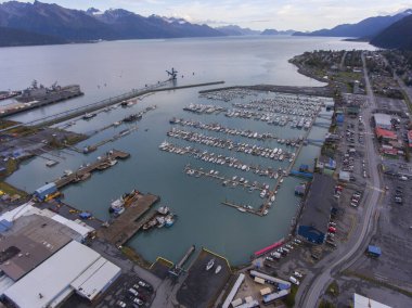 Seward Boat Limanı ve sonbaharda liman manzarası, Seward, Kenai Yarımadası, Alaska, ABD. Seward, Fiyort Diriliş Körfezi 'nde bulunan bir şehirdir..
