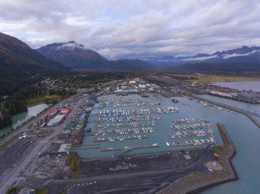Seward Boat Limanı ve sonbaharda liman manzarası, Seward, Kenai Yarımadası, Alaska, ABD. Seward, Fiyort Diriliş Körfezi 'nde bulunan bir şehirdir..