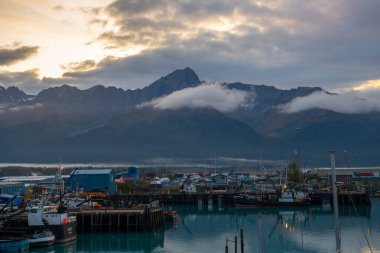 Seward Boat Limanı ve sonbaharda liman, Seward, Kenai Yarımadası, Alaska, AK, ABD. Seward, Kenai Fjords Ulusal Parkı yakınlarında bir şehirdir..