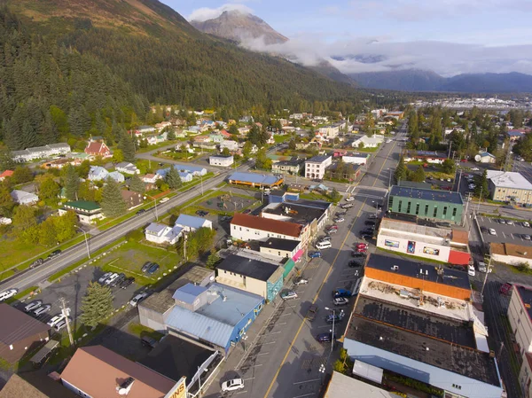 Vista Aérea Del Centro Ciudad Seward Frente Mar Otoño Seward — Foto de Stock