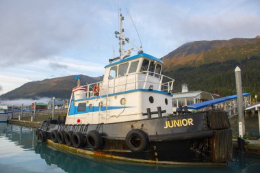 Seward, Kenai Yarımadası, Alaska, AK, ABD 'deki Seward Boat Limanı' nda küçük römorkör. Seward, Kenai Fjords Ulusal Parkı yakınlarında bir şehirdir..