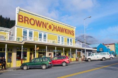 Washington Caddesi, Seward, Kenai Yarımadası, Alaska, ABD yakınlarındaki Seward şehir merkezindeki tarihi binalar. Seward, Kenai Fjord NP yakınlarında..