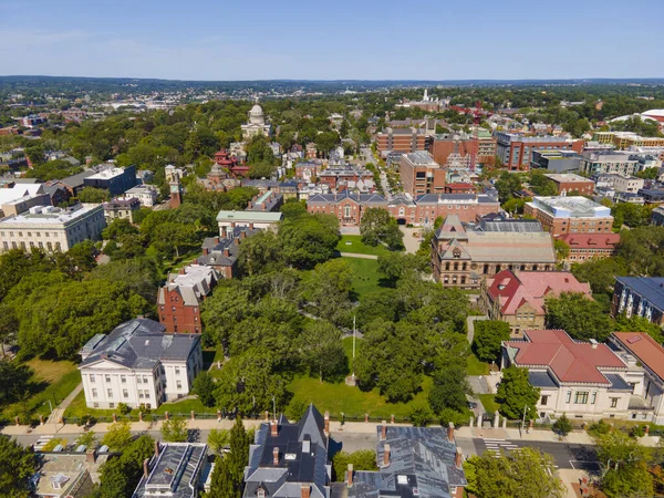 Brown University College Green aerial view on College Hill in Providence, Rhode Island RI, USA. The buildings including Friedman Hall, John Carter Brown Library, University Hall, etc.