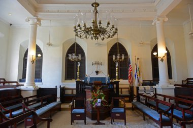 St. Thomas Synagogue aka Hebrew Congregation of St. Thomas on 2116 Crystal Gade was built in 1833 in downtown Charlotte Amalie on Saint Thomas Island, US Virgin Islands, USA.