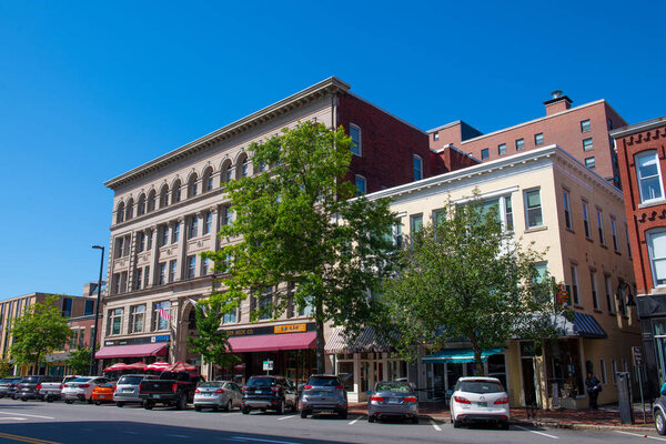 Historic The Beacon building on Elm Street near Merrimack Street in downtown Manchester, New Hampshire NH, USA. 