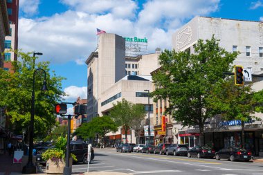 Elm Caddesi 'ndeki tarihi ticari binalar Manchester şehir merkezindeki Manchester Caddesi, New Hampshire NH, ABD. 