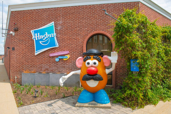 Mr. Potato Head figure in front of Hasbro Inc. world headquarter at 1027 Newport Avenue in city of Pawtucket, Rhode Island RI, USA. 
