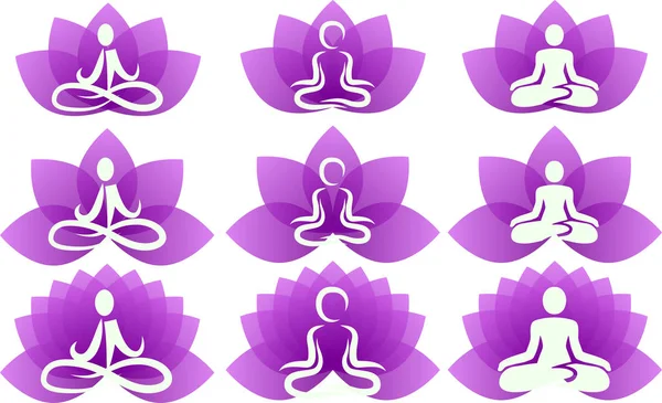 Yoga ensemble de congé de lotus violet — Image vectorielle