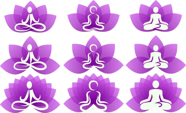 Conjunto de licença de lótus roxo Yoga — Vetor de Stock